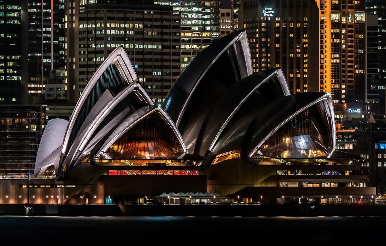Photo wallpaper roof, night, the city, lights, darkness, building, home, skyscrapers