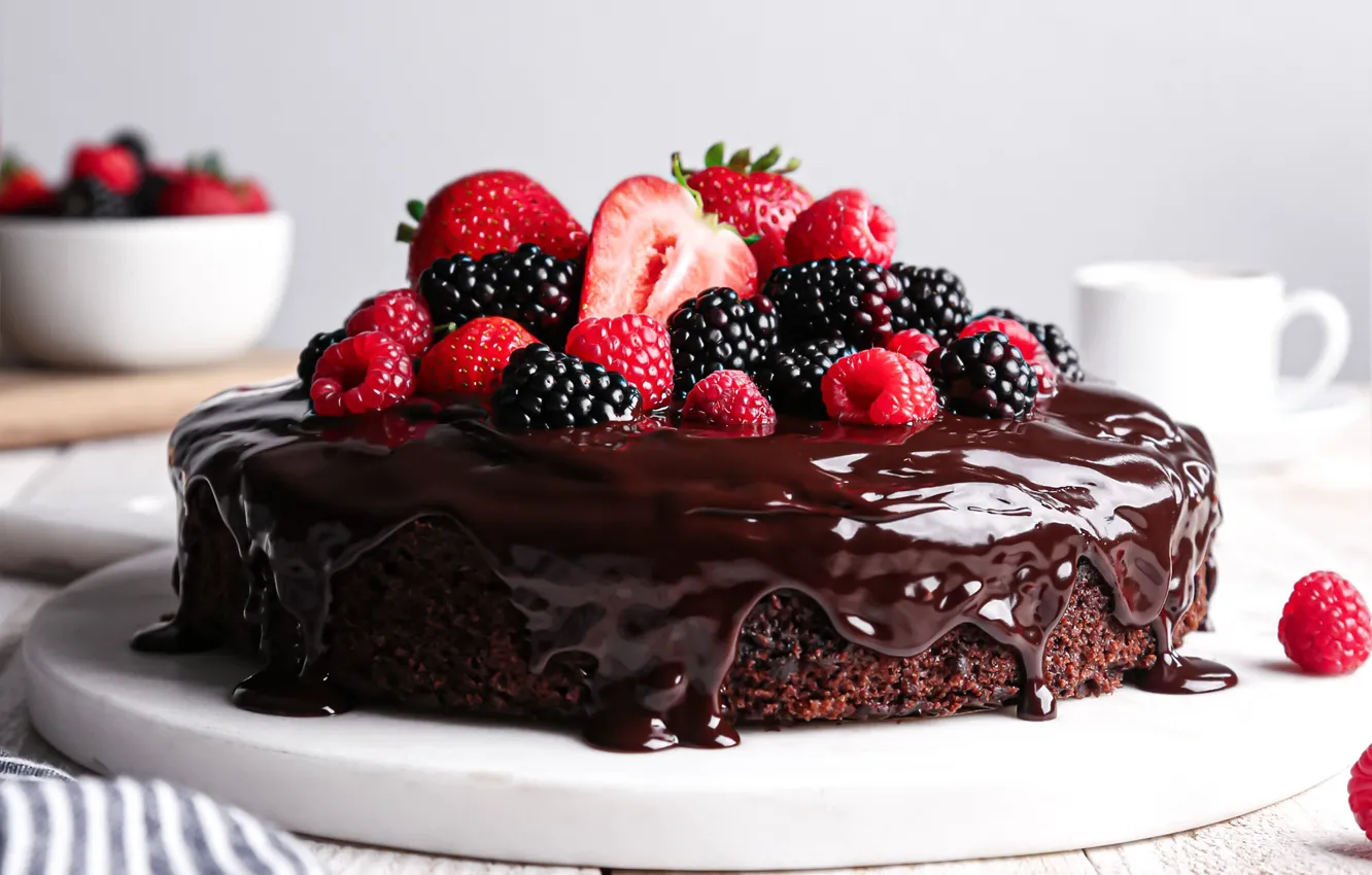 Photo wallpaper raspberry, chocolate, strawberry, cake, BlackBerry