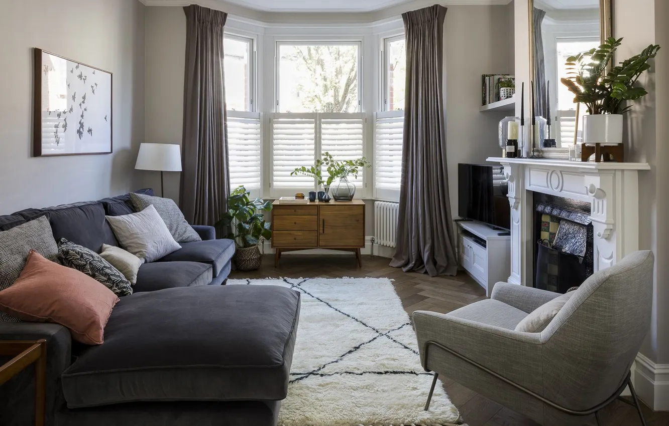 Photo wallpaper room, style, interior, living room, comfort, Bay window, fireplace, design