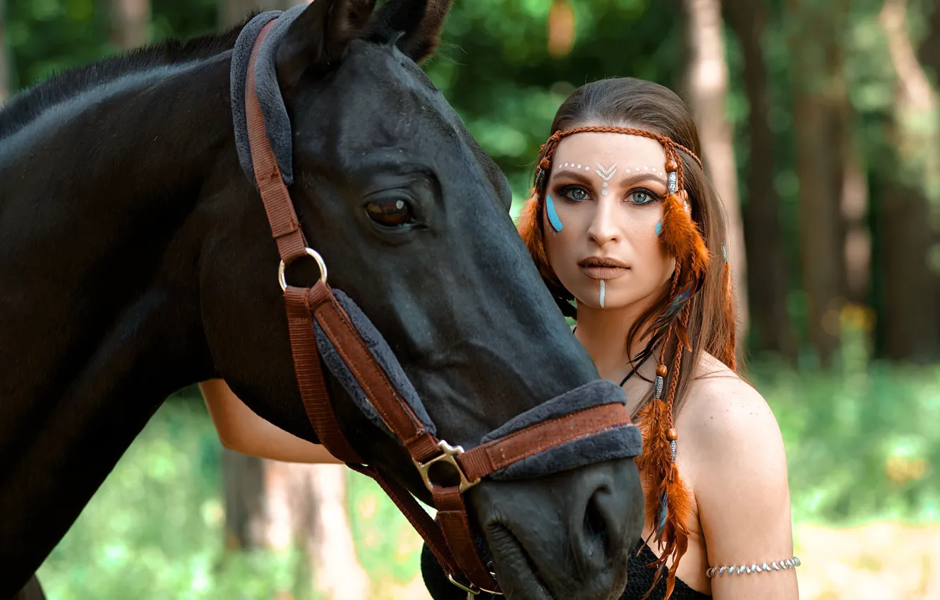 Photo wallpaper look, girl, face, horse, horse, paint, Vyacheslav Turcan