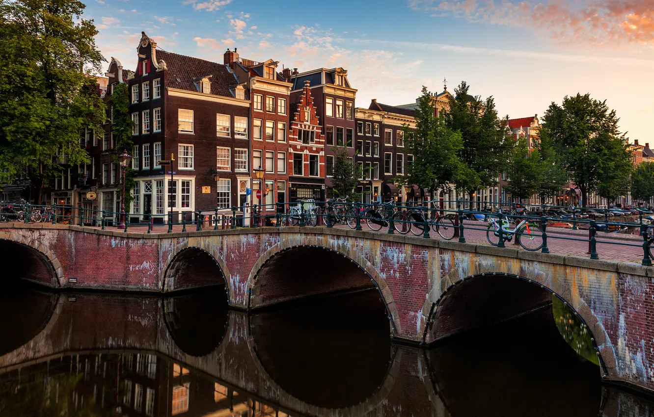 Photo wallpaper bridge, bike, the city, river, building, home, Amsterdam, channel