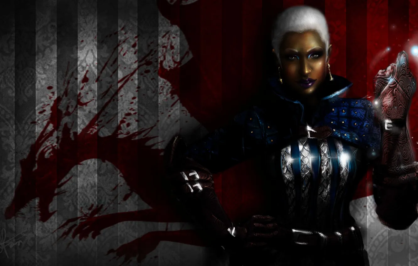 Photo wallpaper red, background, woman, dragon, art, armor, Origins, Dragon Age