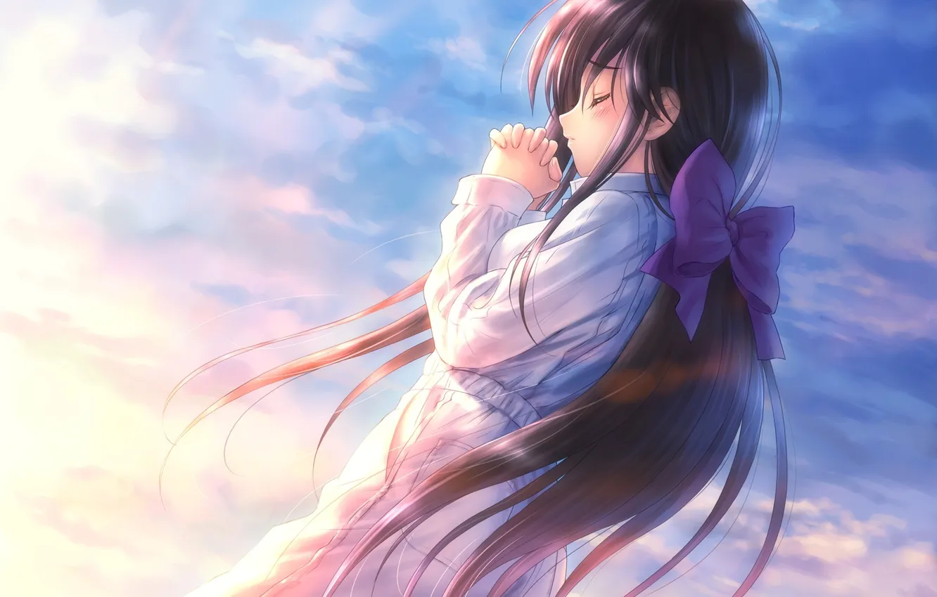 Photo wallpaper the sky, girl, the sun, clouds, art, bow, daffodils, goto p