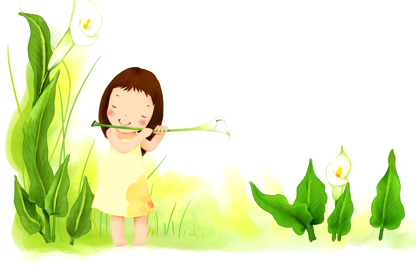 Photo wallpaper grass, leaves, flowers, smile, dress, girl, baby Wallpaper