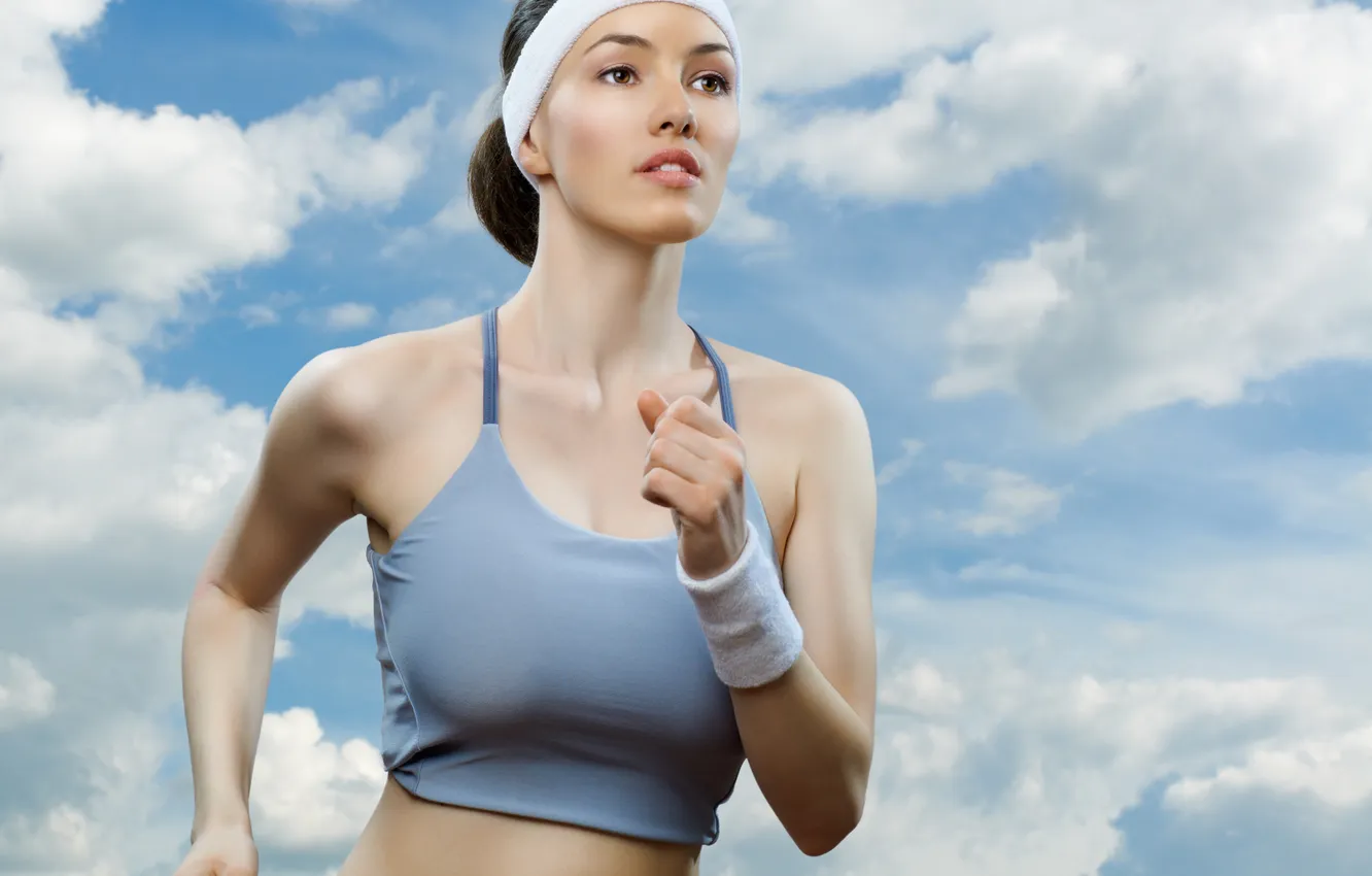 Photo wallpaper the sky, girl, clouds, Mike, running, brown hair, brown-eyed