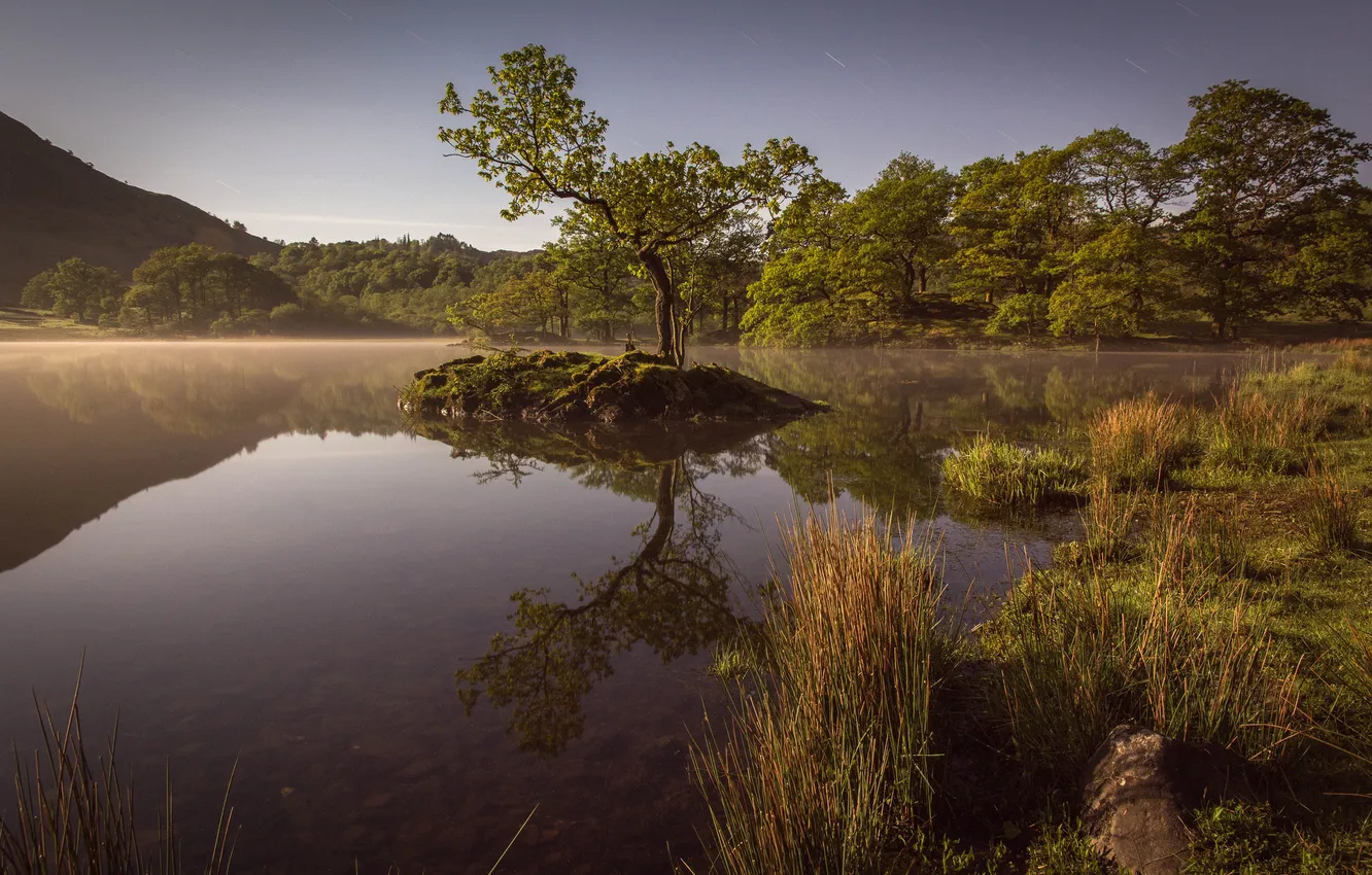 Photo wallpaper the sky, trees, mountains, lake, island