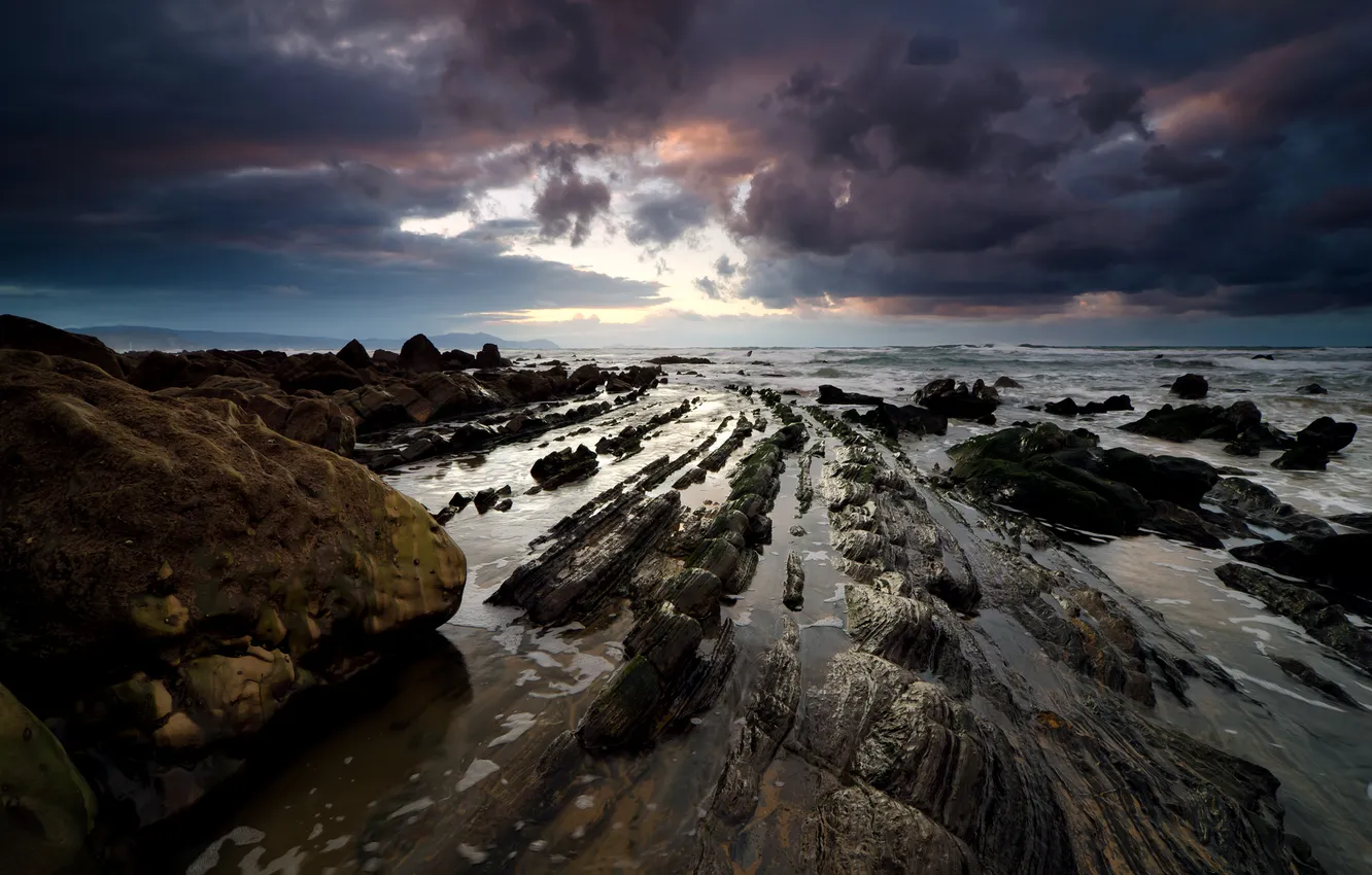 Photo wallpaper sea, beach, the sky, clouds, stones, rocks