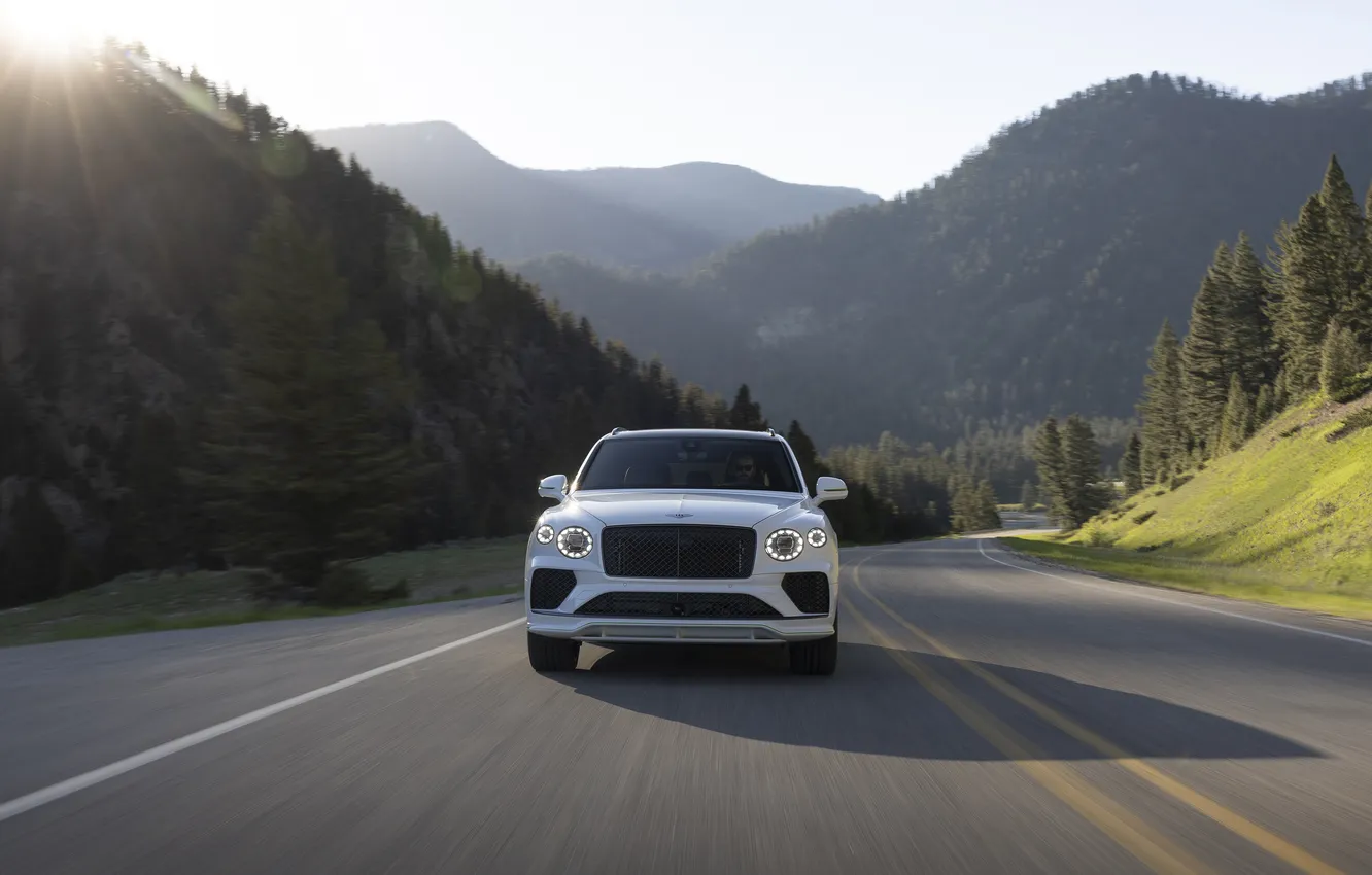 Photo wallpaper mountains, Bentley, power, highway, luxury, speed, SUV, Bentayga