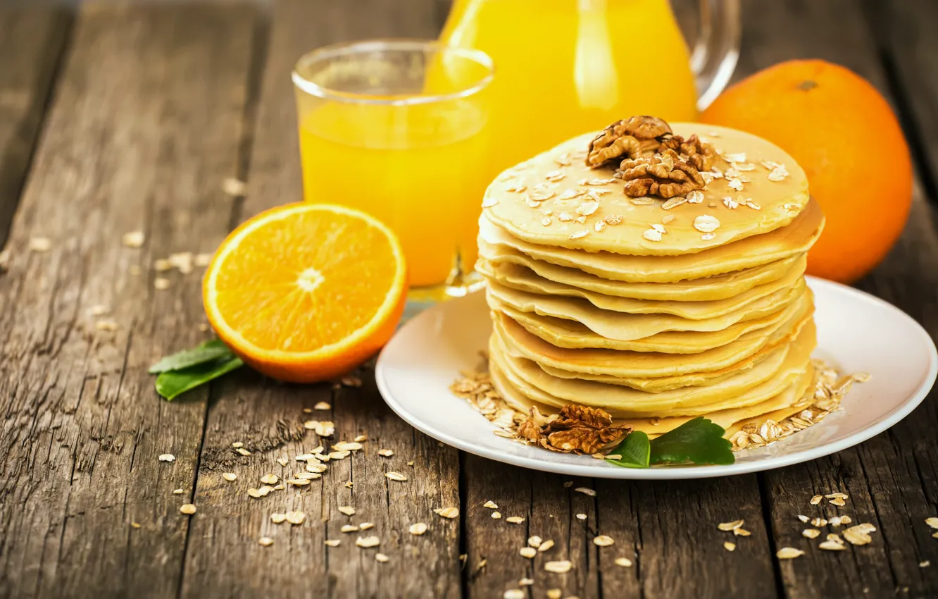 Photo wallpaper Breakfast, juice, Orange, pancakes, wood, fruit, orange, Nuts