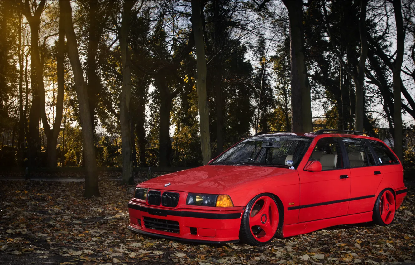 Photo wallpaper BMW, red, front, wagon, E36