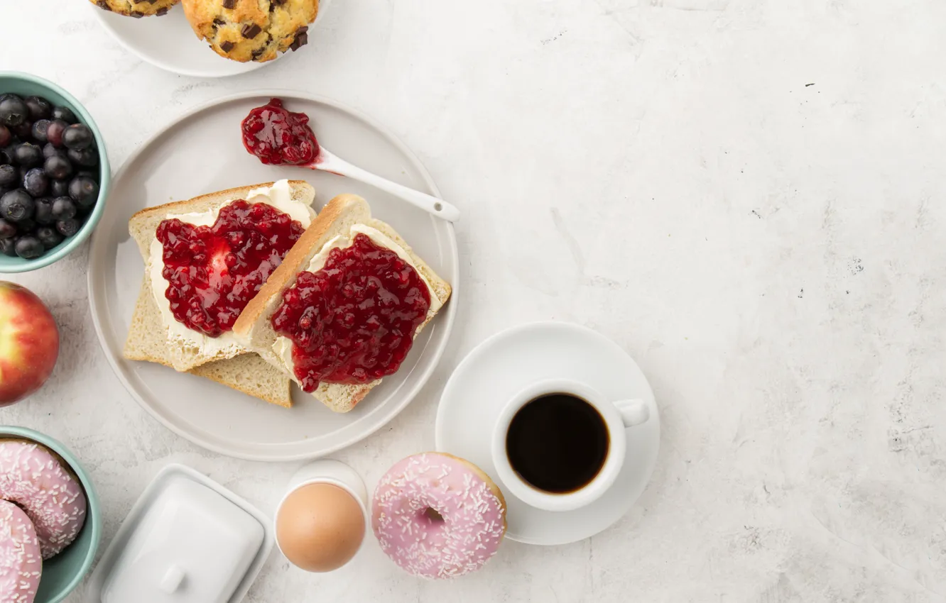 Photo wallpaper coffee, eggs, donuts, jam, cupcakes, sandwiches