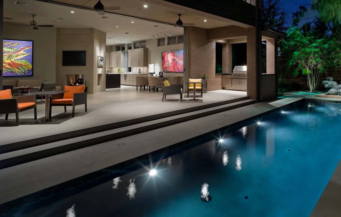 Photo wallpaper interior, pool, lighting, kitchen, living room, dining room, exterior, contemporary landscape and pool lap design