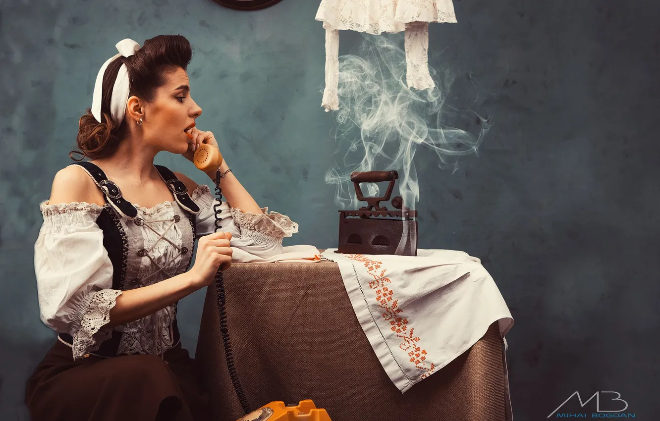 Photo wallpaper girl, smoke, phone, iron, Mihai Romeo Bogdan