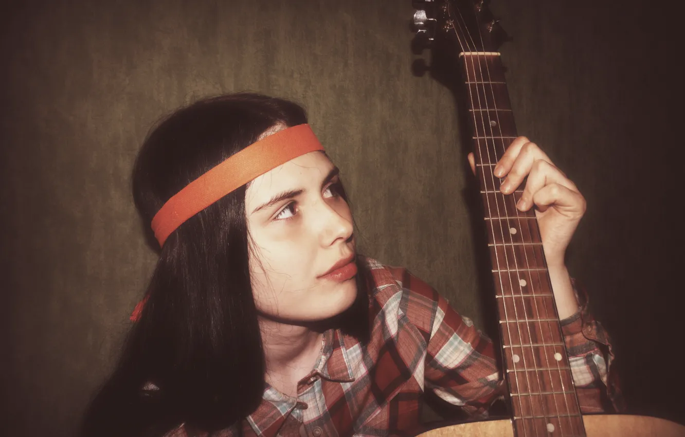 Photo wallpaper hippie, fashion, beautiful girl, girl with guitar, brunette girl