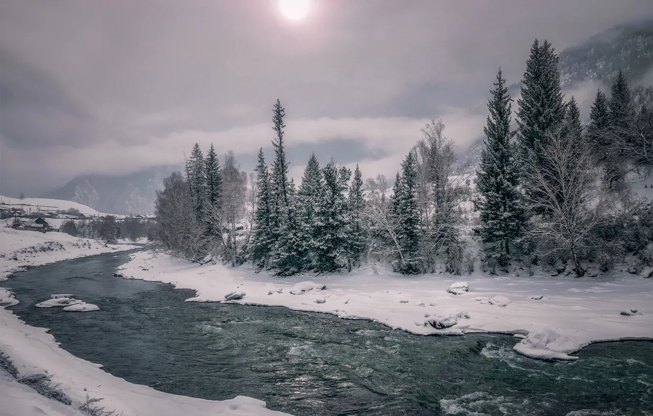Photo wallpaper winter, the sky, water, snow, trees, mountains, nature, river