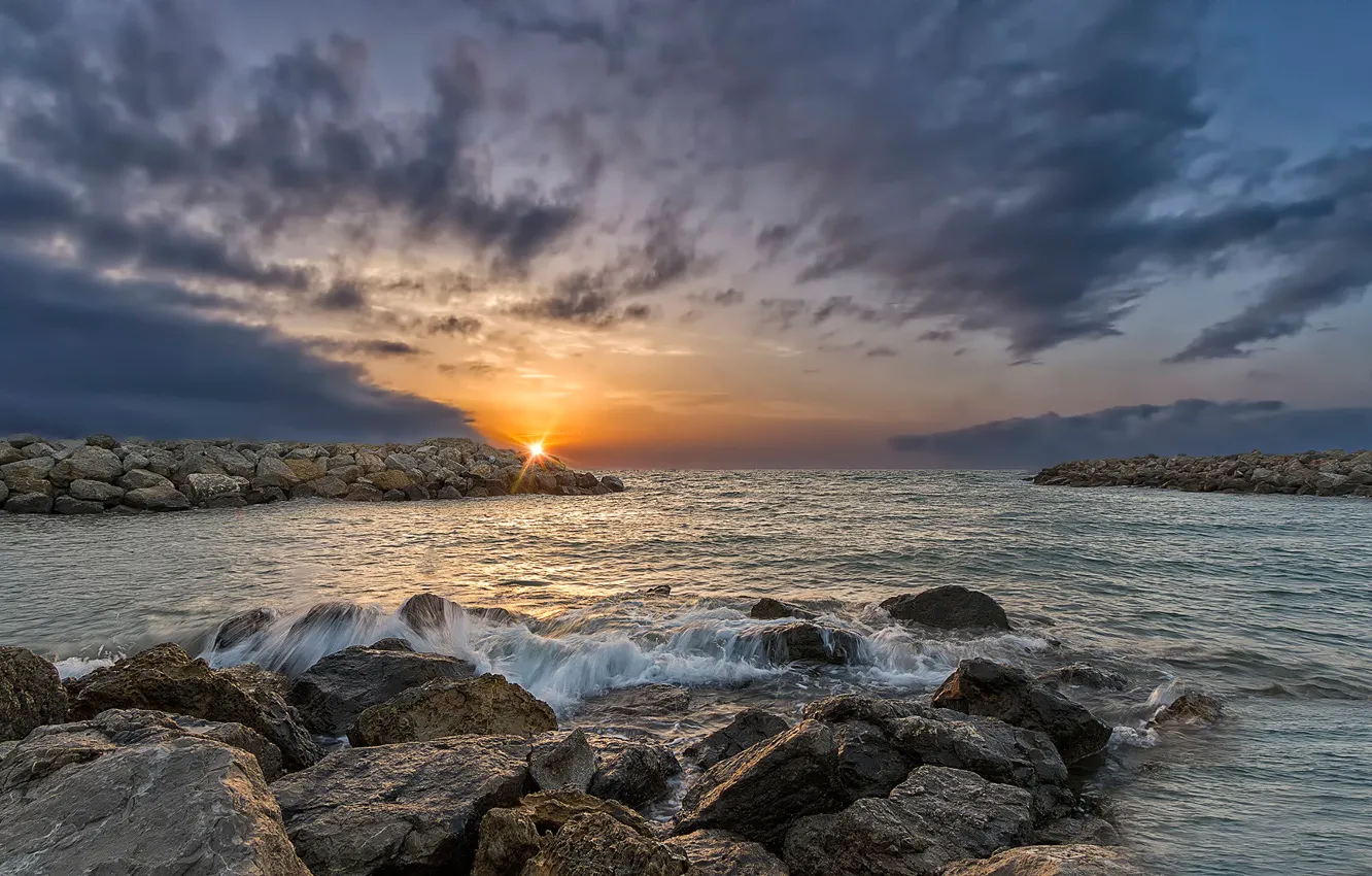 Photo wallpaper sea, sunrise, stones, France, Gruissan