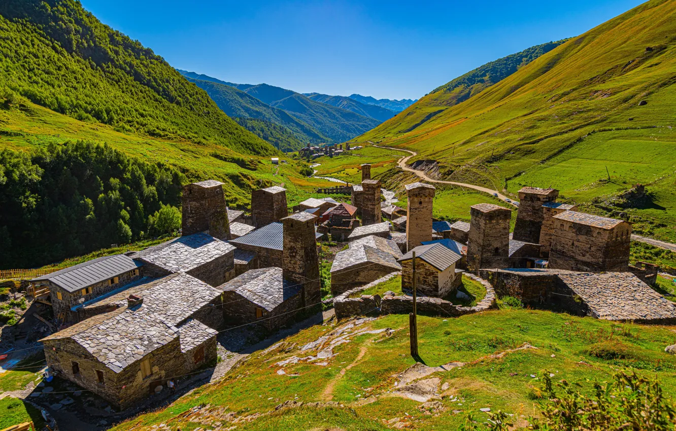 Photo wallpaper mountains, valley, Georgia, Svaneti, Ushguli village