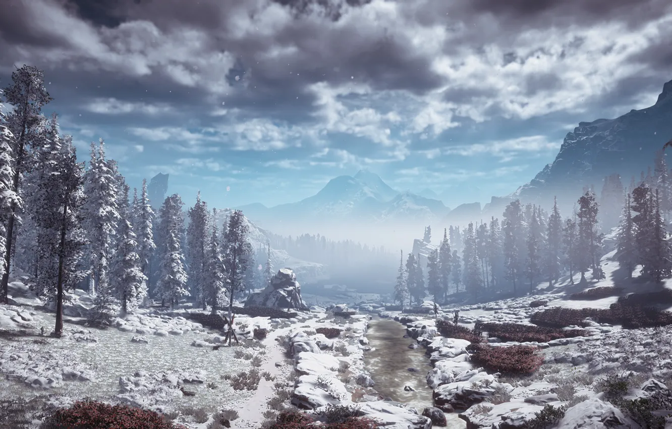 Photo wallpaper landscape, mountains, postapokalipsis, exclusive, Playstation 4, Guerrilla Games, Horizon Zero Dawn