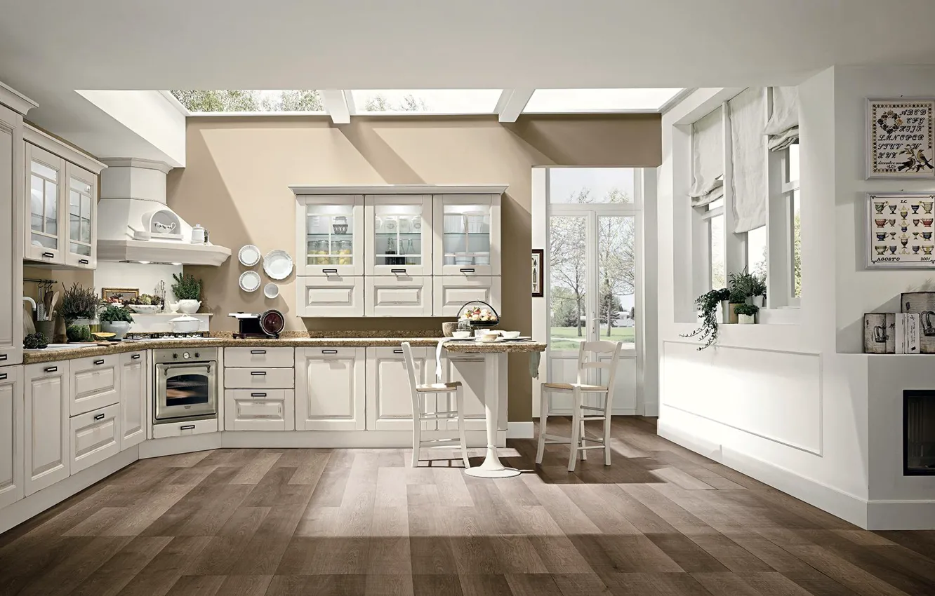 Photo wallpaper style, interior, Italian design, fireplace, kitchen, dining room