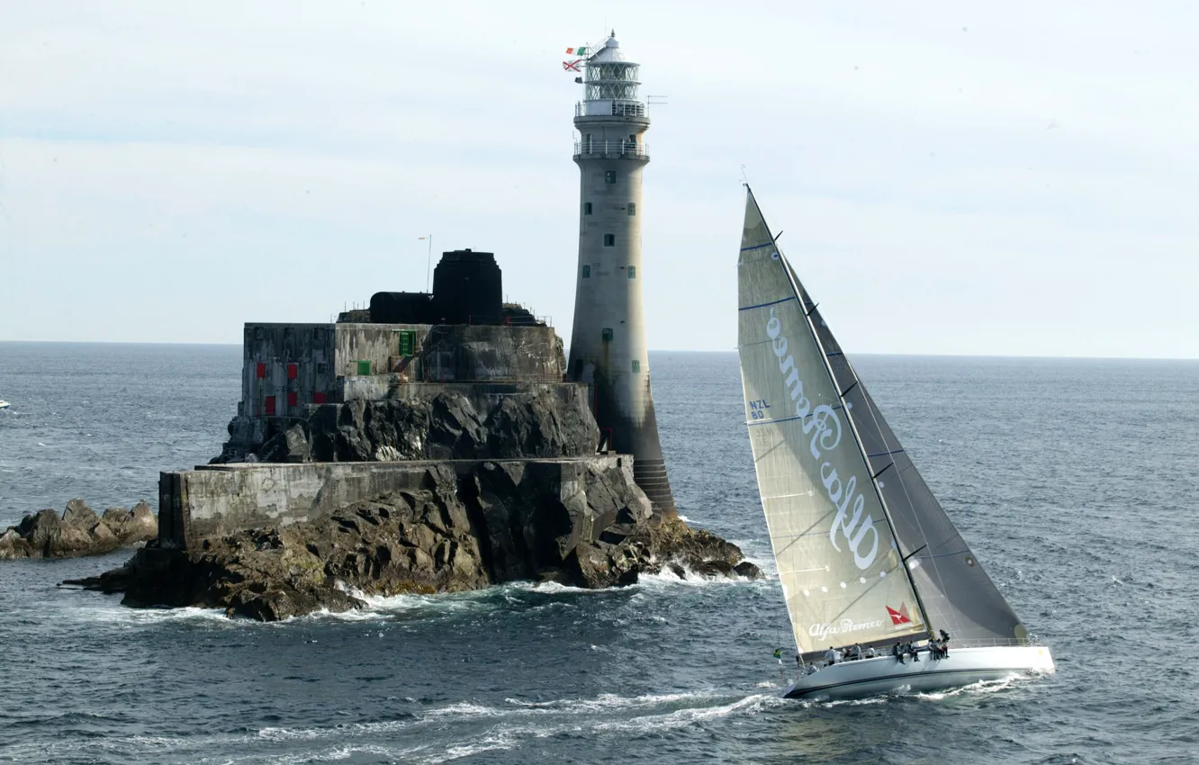 Photo wallpaper sea, wave, the sky, water, photo, rocks, boat, lighthouse