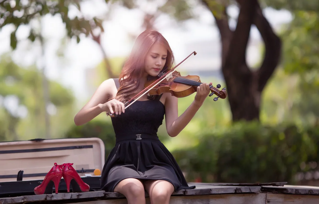 Photo wallpaper girl, Music, dress, photography, violin, playing, high heels, sitting