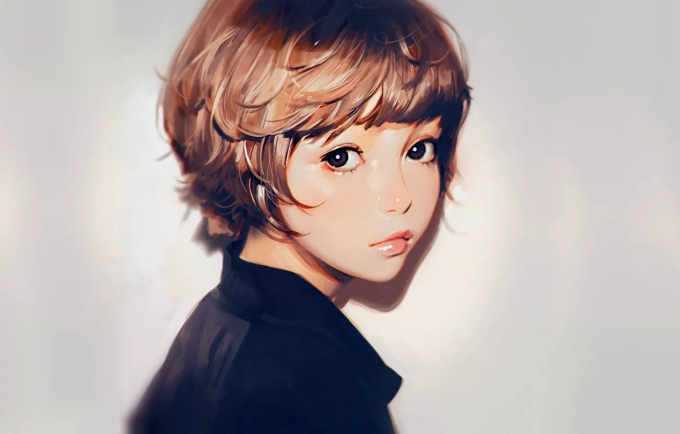 Photo wallpaper face, haircut, portrait, girl, grey background, bangs, Ilya Kuvshinov, half a turn
