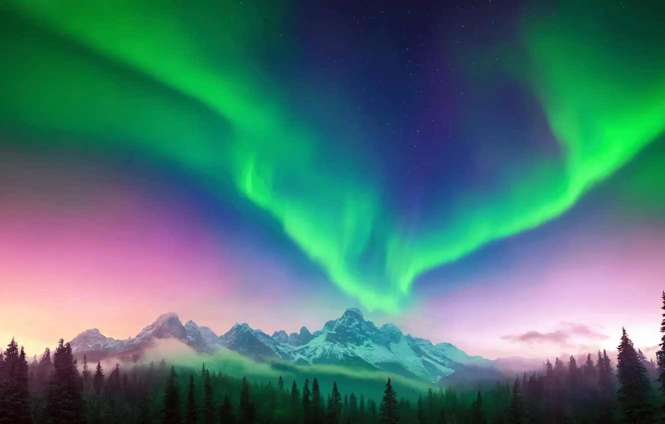 Photo wallpaper night, Northern lights, night, northern lights, the beauty of nature, Beauty of Nature, Green glow, …