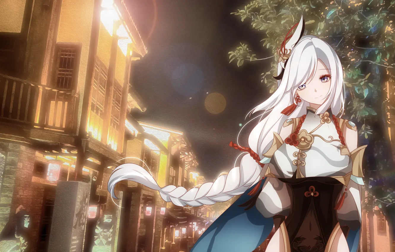 Photo wallpaper girl, street, the evening, Genshin Impact, Shenhe