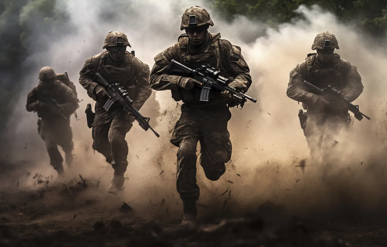 Photo wallpaper smoke, dust, running, four, soldiers, machine, male, front