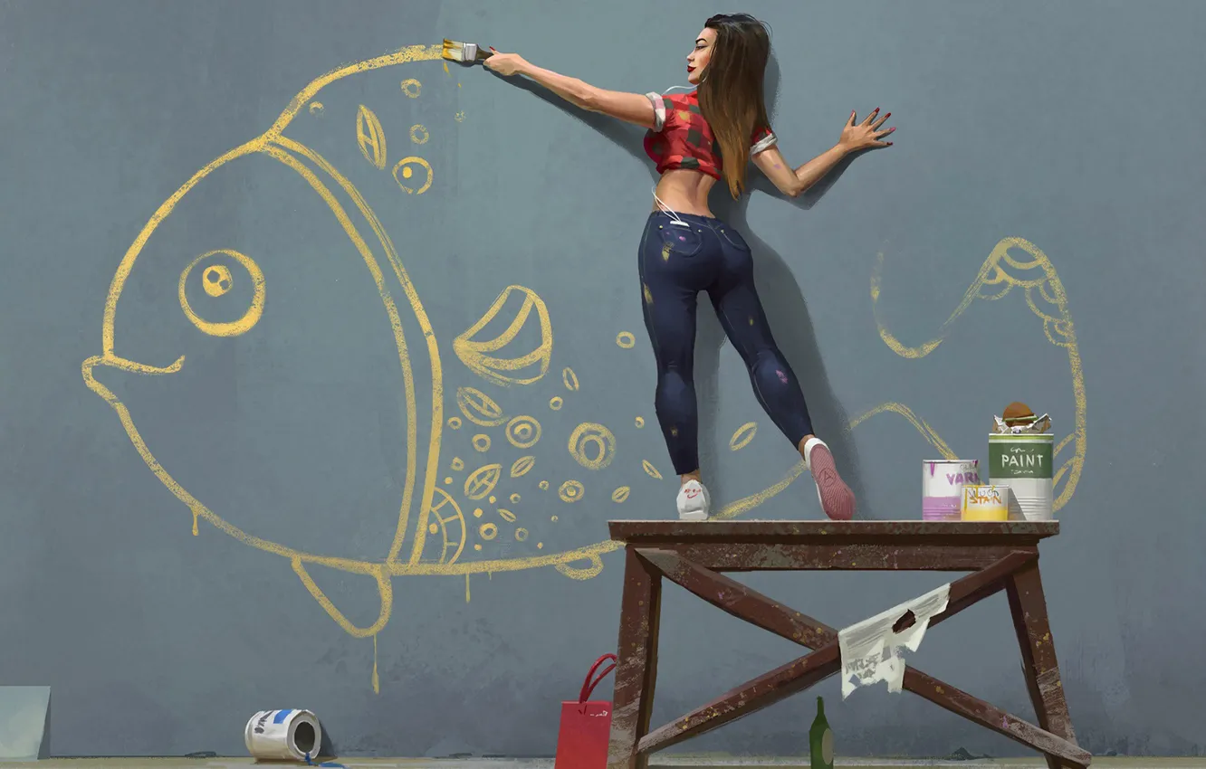 Photo wallpaper girl, wall, figure, fish, brush, draws