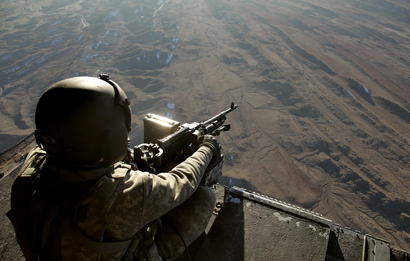 Photo wallpaper earth, arrows, height, helmet, overview, machine gun