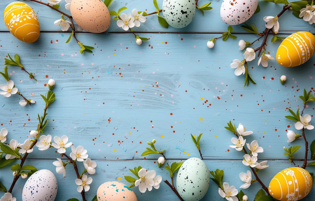 Photo wallpaper flowers, eggs, spring, colorful, Easter, wood, flowers, spring