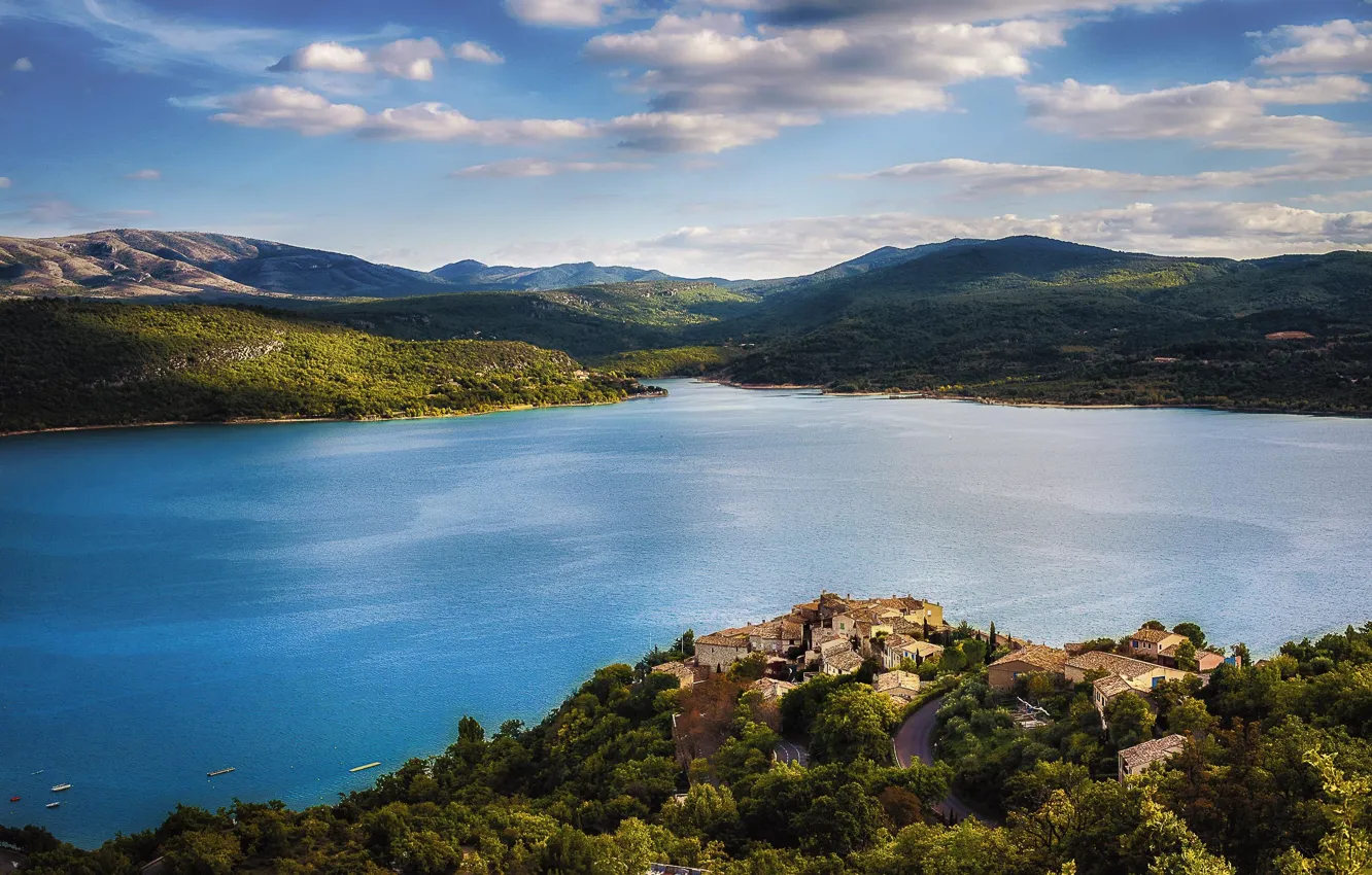 Photo wallpaper mountains, shore, home, pond, settlement