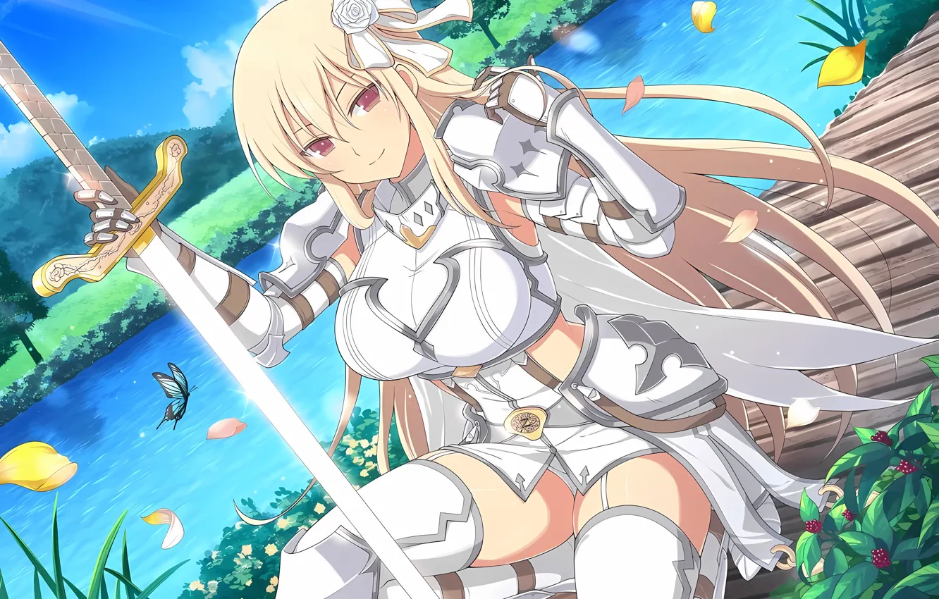 Photo wallpaper girl, sword, grass, sexy, thighhighs, river, sky, long hair