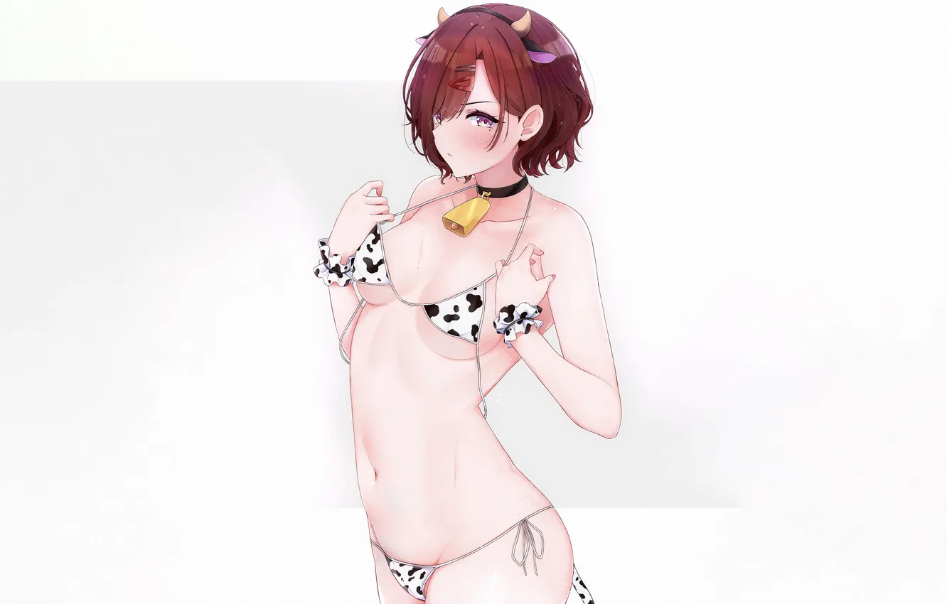 Photo wallpaper girl, sexy, wet, cleavage, horns, red hair, boobs, sexy girl