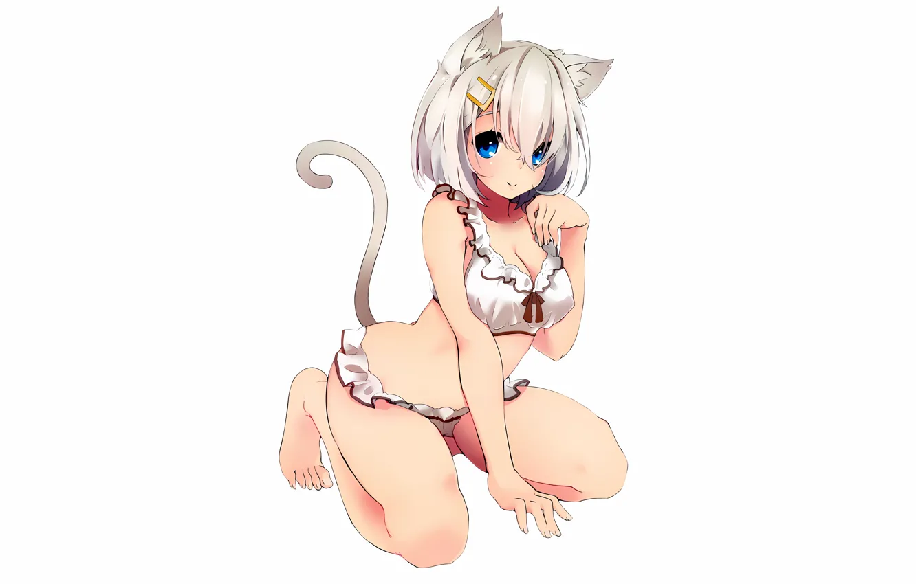 Photo wallpaper girl, sexy, cleavage, shorts, legs, boobs, animal ears, anime