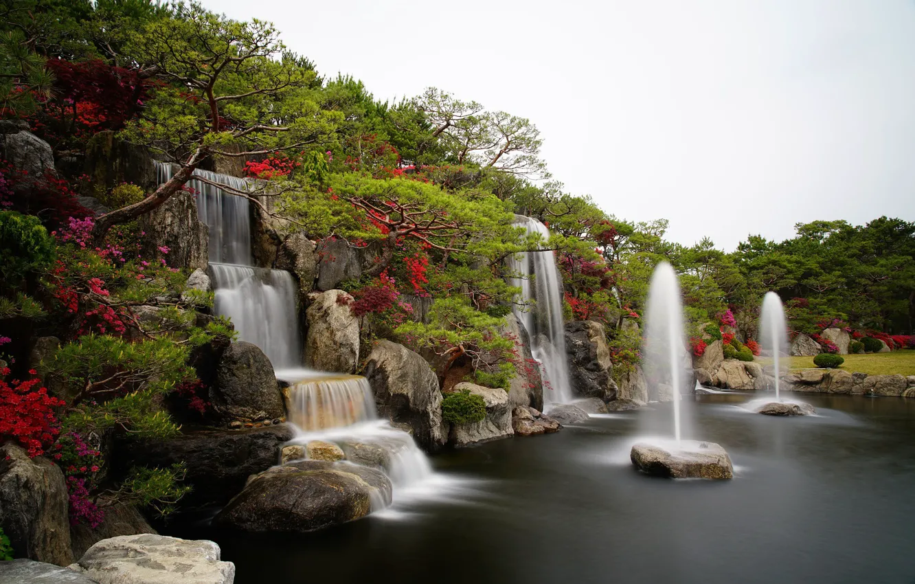 Photo wallpaper water, nature, pond, waterfall, garden, Azalea