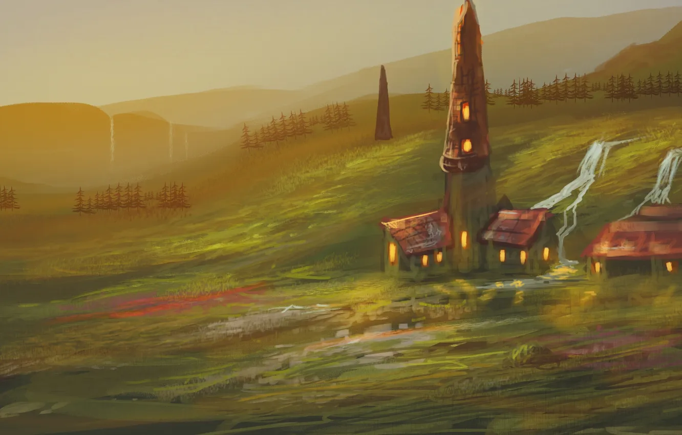 Photo wallpaper trees, home, art, painted landscape