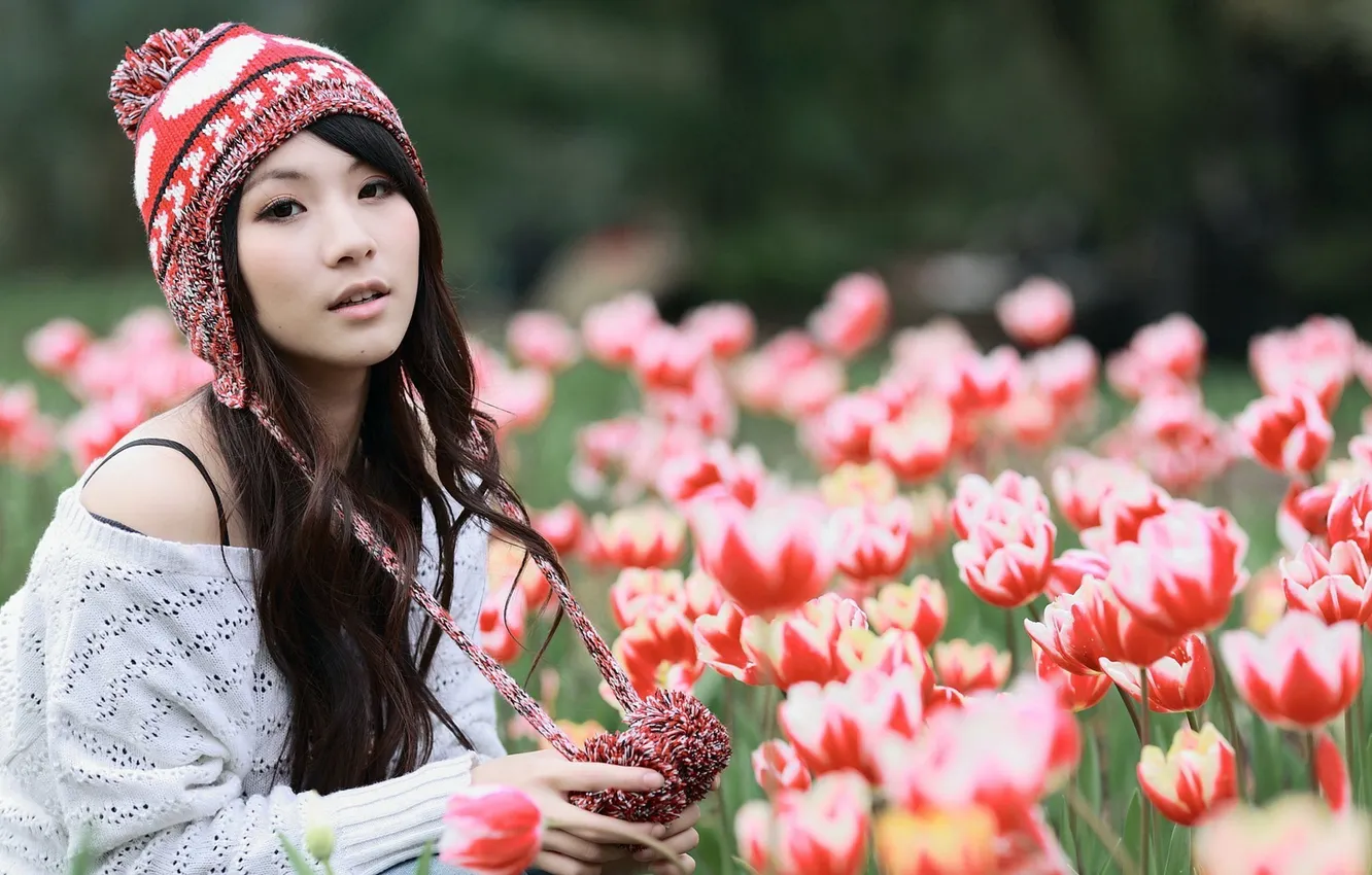 Photo wallpaper girl, flowers, nature, spring, tulips, Asian