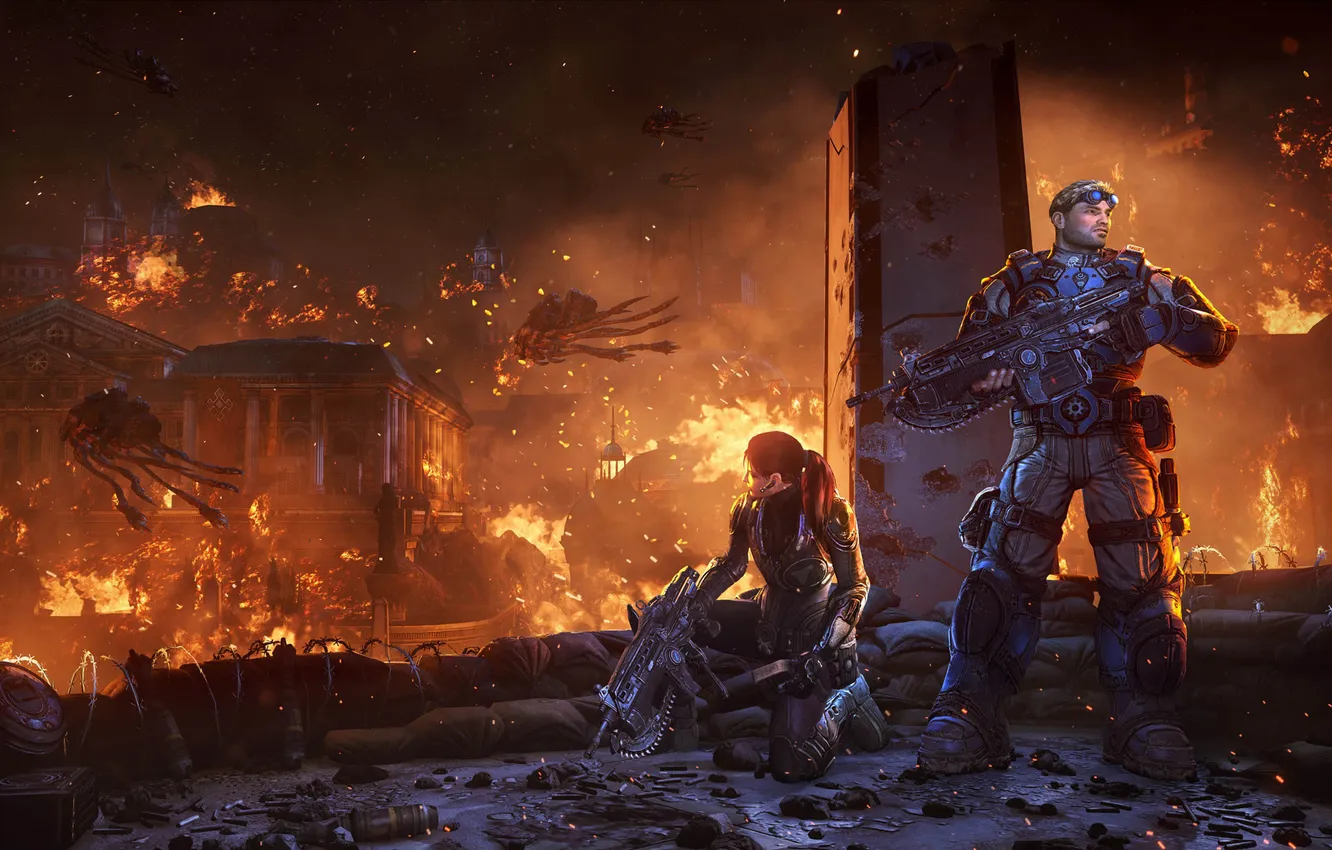 Photo wallpaper girl, the city, weapons, fire, monsters, soldiers, ruins, guy