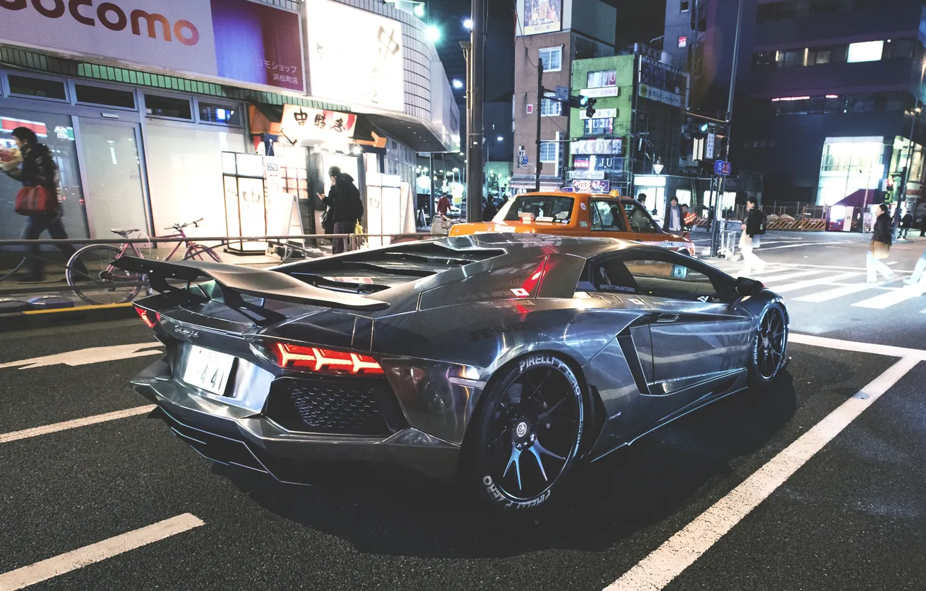 Photo wallpaper the city, street, Lamborghini, street, Aventador, Lamborghini, aventador
