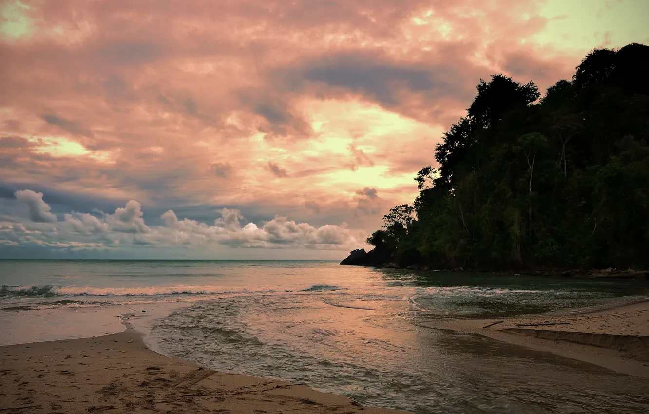 Photo wallpaper sand, beach, clouds, sunset, The Caribbean sea, Trinidad, river Grande Riviere