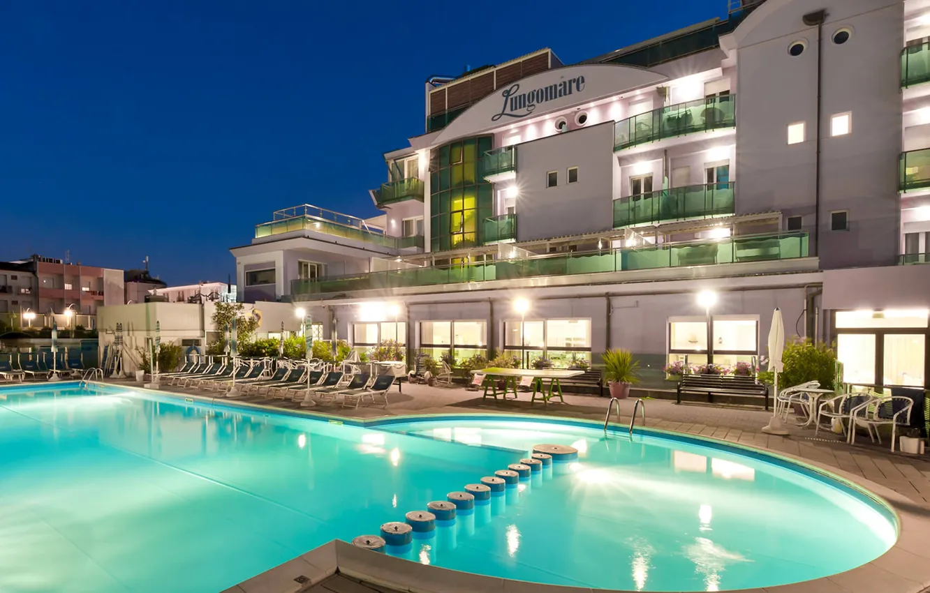Photo wallpaper the city, the evening, pool, Italy, the hotel, architecture, Cesenatico in Emilia Romagna, Bike hotel …