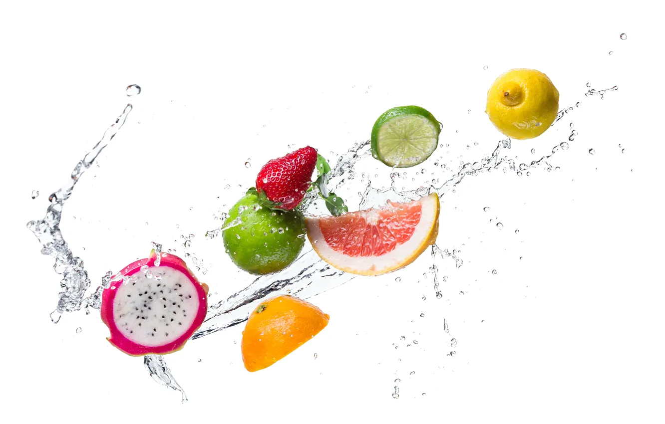 Photo wallpaper water, drops, squirt, lemon, orange, kiwi, strawberry, lime