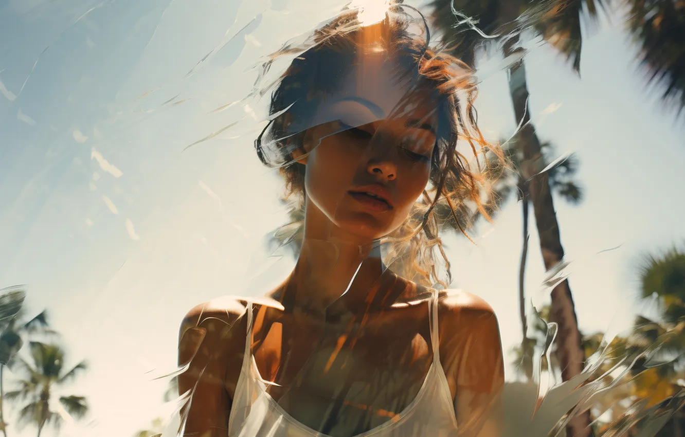 Photo wallpaper girl, face, palm trees, hair, digital art, AI art, The Art of Artificial Intelligence, neural …