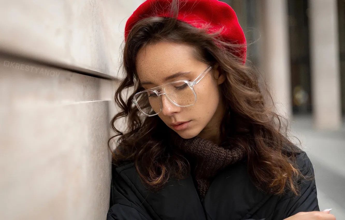 Photo wallpaper pose, model, portrait, makeup, glasses, jacket, hairstyle, brown hair