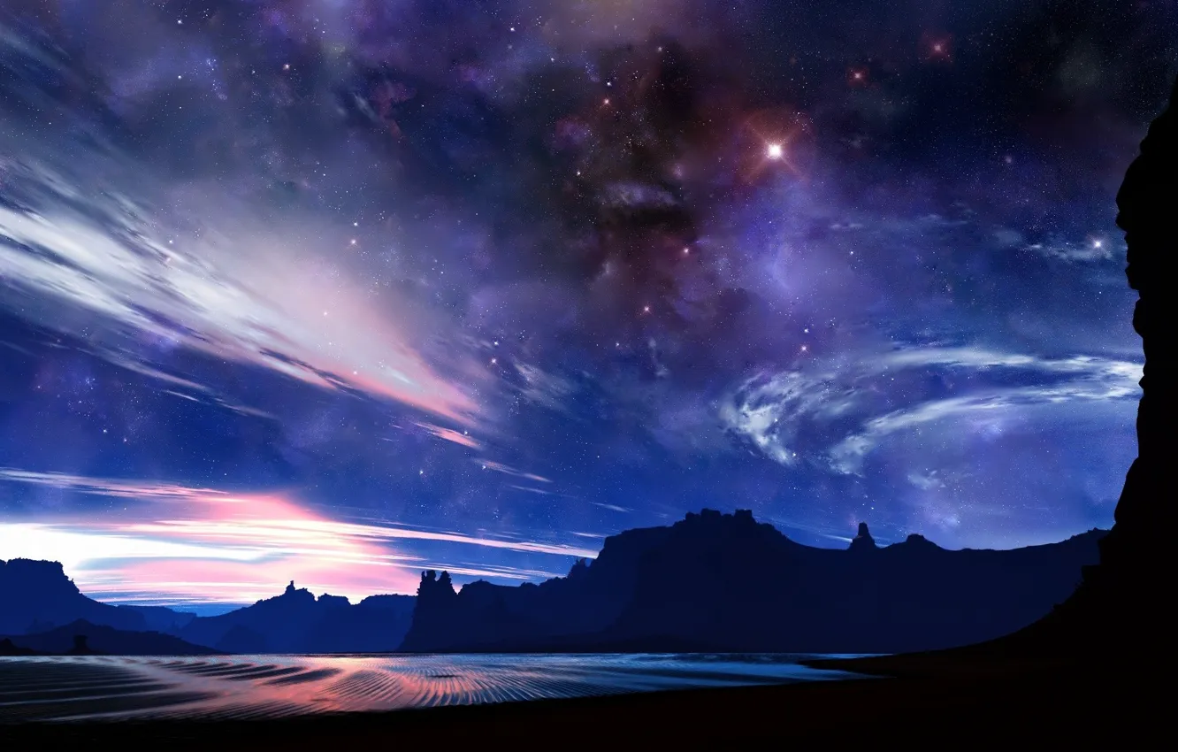 Photo wallpaper space, stars, Mountains