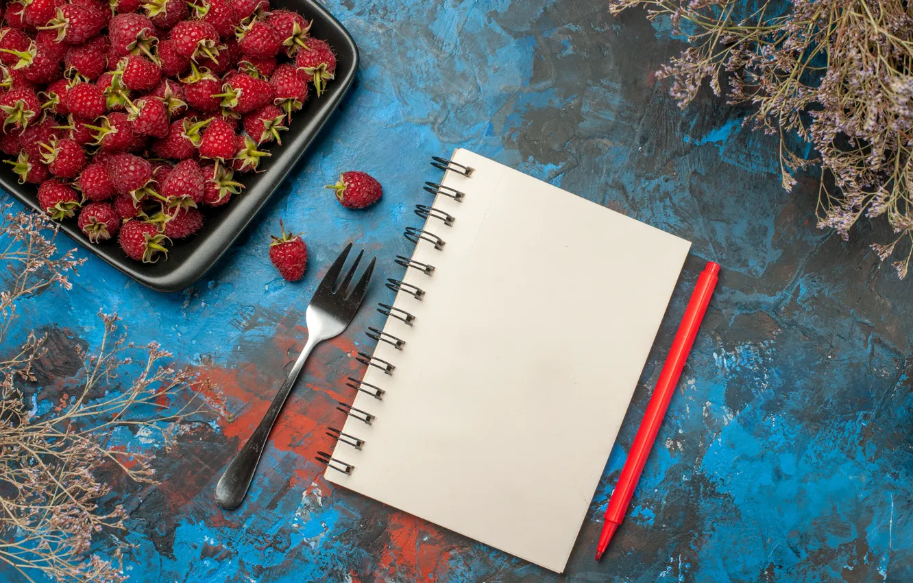 Photo wallpaper berries, raspberry, Notepad, tray, blue background, blue background