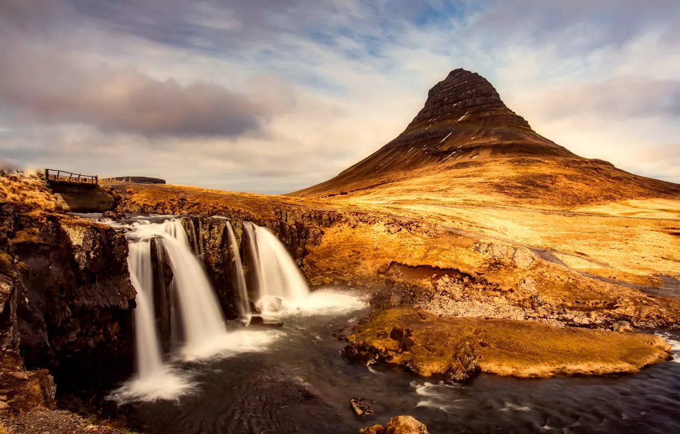Photo wallpaper river, waterfall, Iceland, Kirkjufell, the volcano, mountains