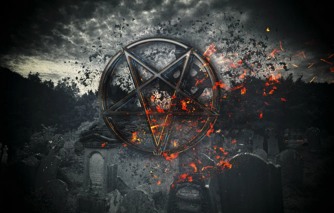 Photo wallpaper Fire, Cemetery, The pentagram is of the devil